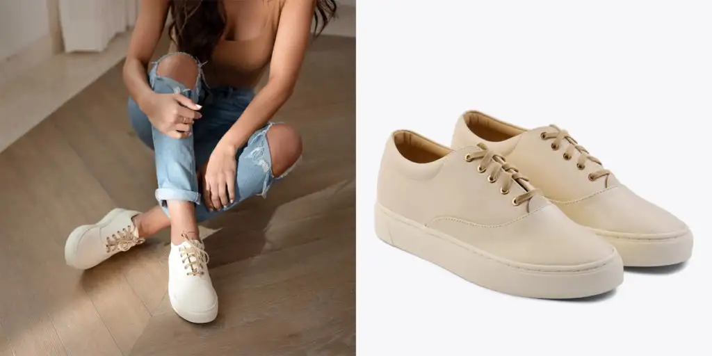 Close up of woman wearing the Nisolo Everyday Sneaker in cream (left) and a close up of a pair of Nisolo Everyday Sneaker in cream (right)