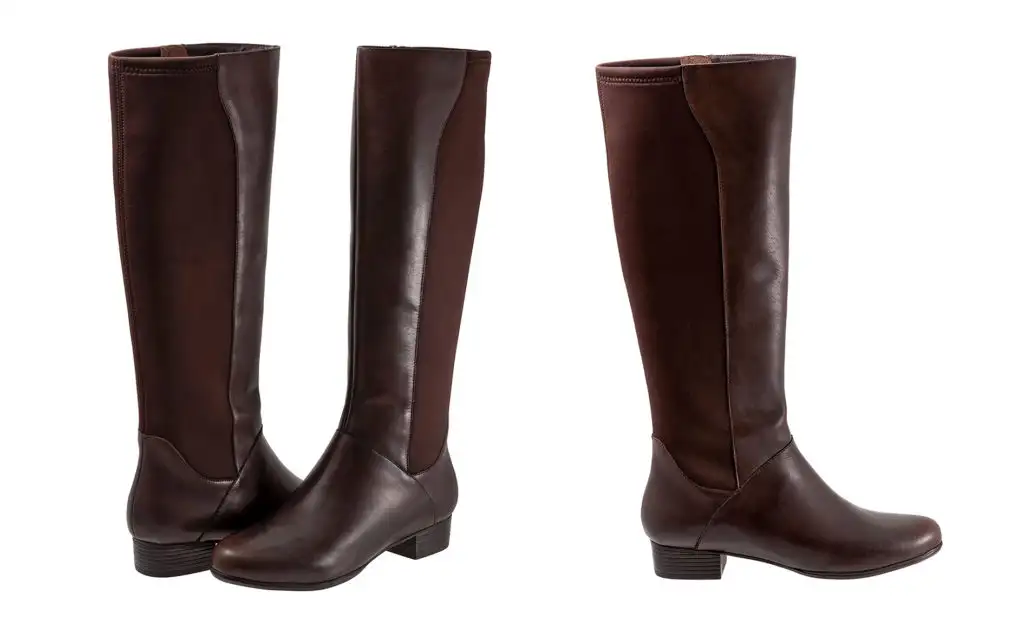 A pair of the Trotters Misty Riding Boot, one facing front and the other facing toward the back (left) and a single boot from the pair facing to the side (right)