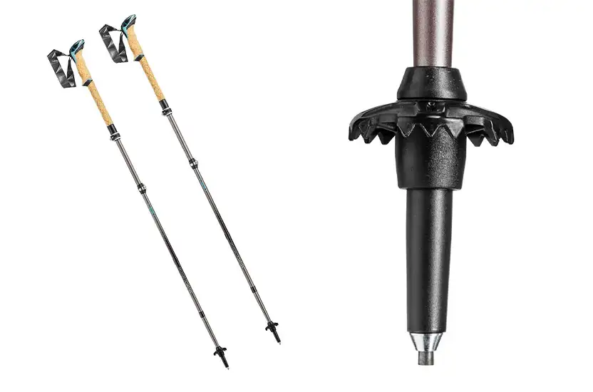 A set of LEKI Cressida FX Carbon Poles for hiking (left) and a close up of the bottom point of the poles (right)