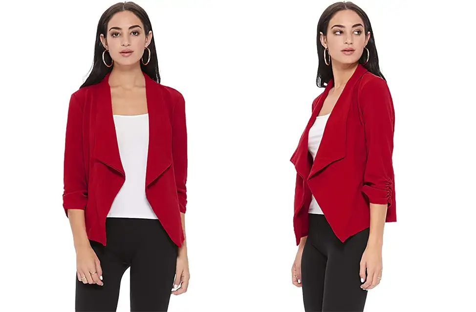 Model showing a front and angled view of the Women's Solid Casual Draped Open Front 3/4 Sleeve Outerwear Blazer in red