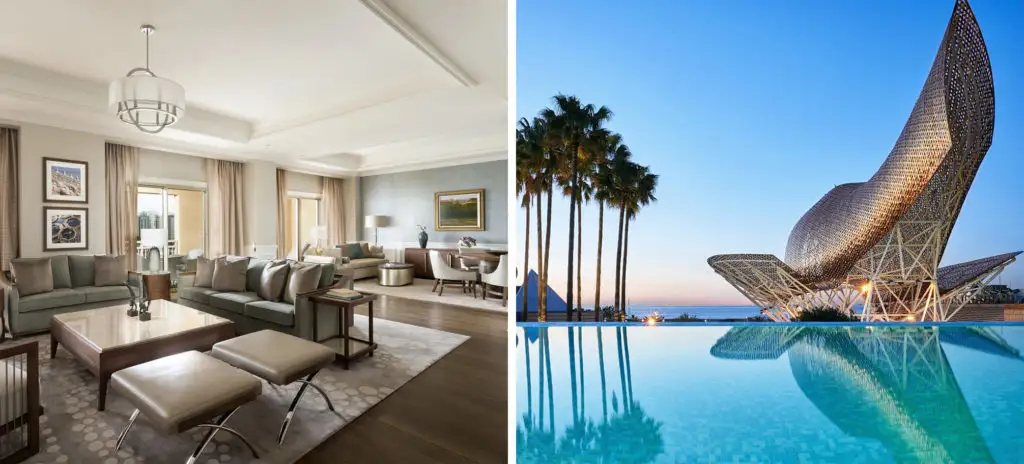 Interior lounge area at the The Ritz Carlton Los Angeles (left) and abstract sculpture and swimming pool overlooking the ocean at the The Ritz Carlton Los Angeles (right)