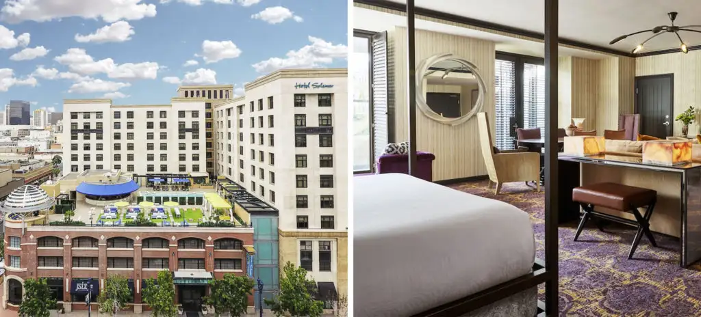 Aerial view of the exterior of Solamar San Diego (left) and room at the Solamar San Diego (right)