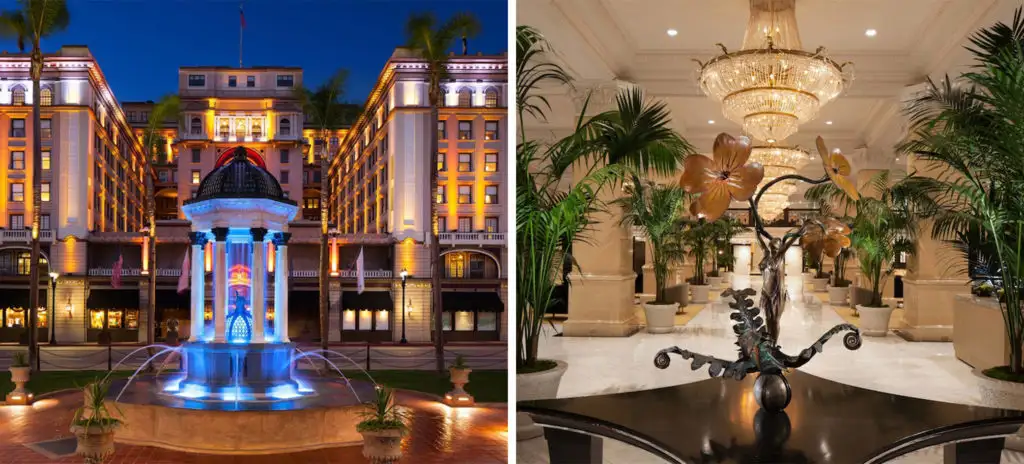 Front view of the The US Grant A Luxury Collection Hotel San Diego and lit up fountain at night (left) and white marble lobby area with a statue featured at the center (right)