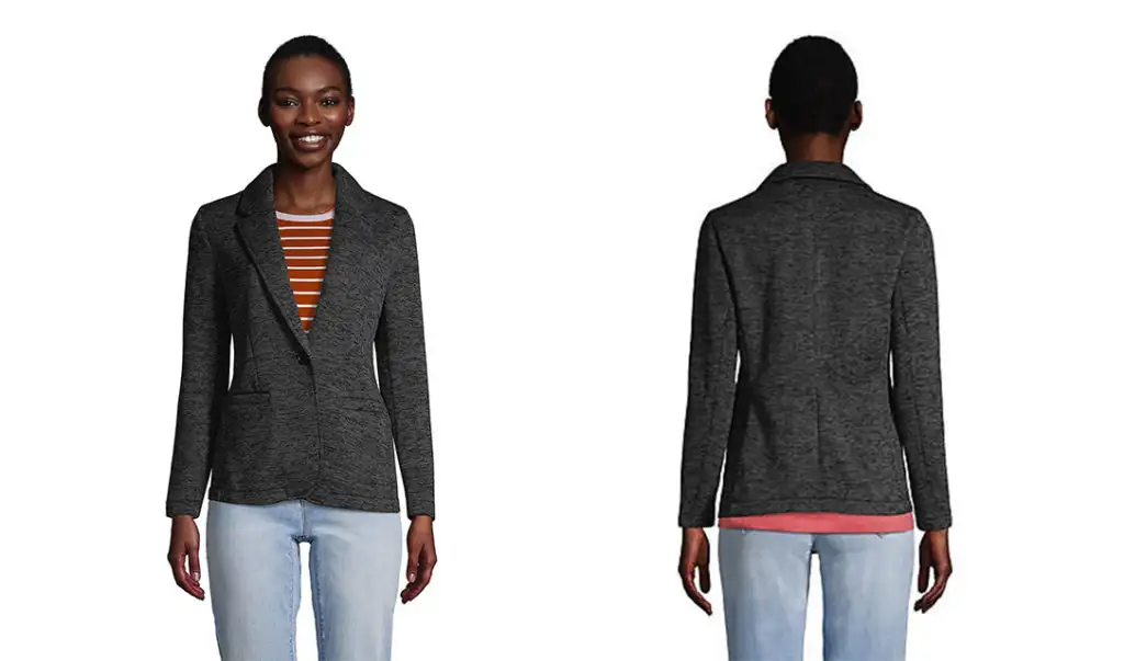 Model showing the front and back of the Land’s End Sweater Fleece Blazer