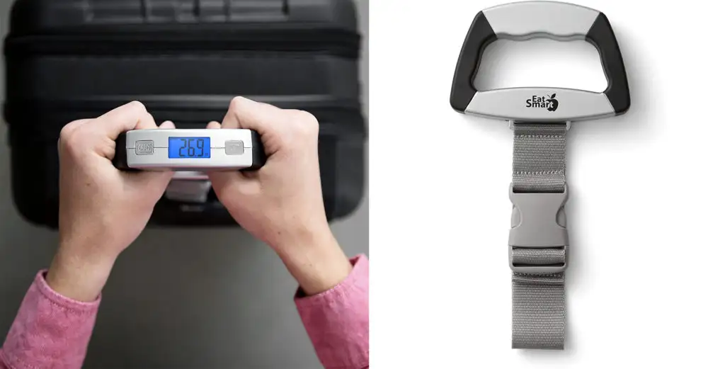 Close up of person using the EatSmart SmartGrip Luggage Scale to weigh luggage (left) and standalone close up image of the scale (right)