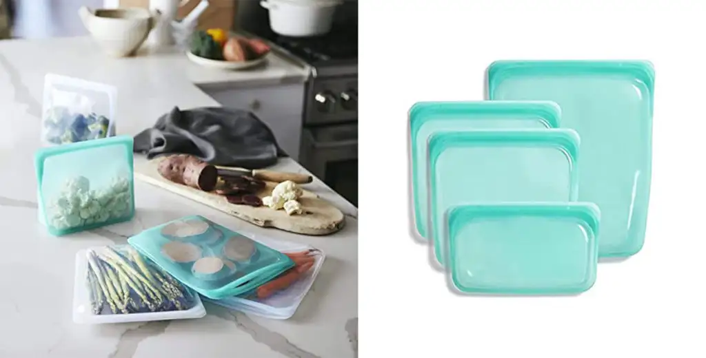 Stasher Silicone Reusable Storage Bags packed with snacks on a counter (left) and a set of Stasher Silicone Reusable Storage Bags (right)