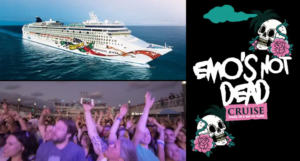 Cruise ship and crowds on the Emo's Not Dead Cruise next to the Emo's Not Dead Logo on a black background