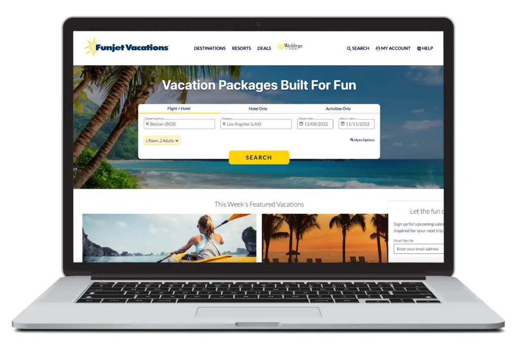 Laptop showing homepage of Funjet vacation packages booking site