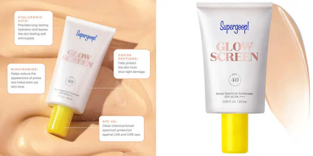 Image with text describing the benefits of Supergoop Mini Glowscreen Sunscreen (left) and a standalone image of the Supergoop Mini Glowscreen Sunscreen (right)