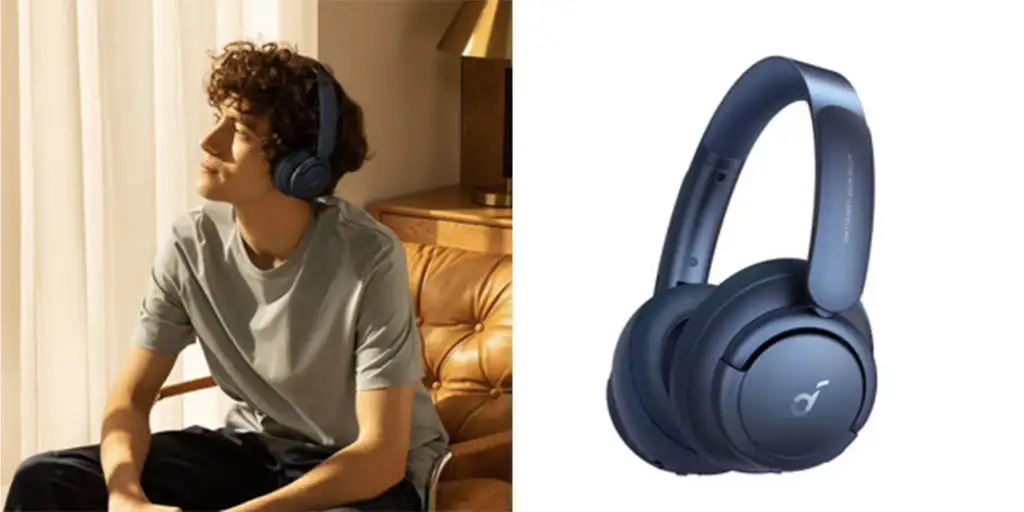Man wearing Life Q35 Noise Canceling Headphones (left) and standalone image of Life Q35 Noise Canceling Headphones (right)