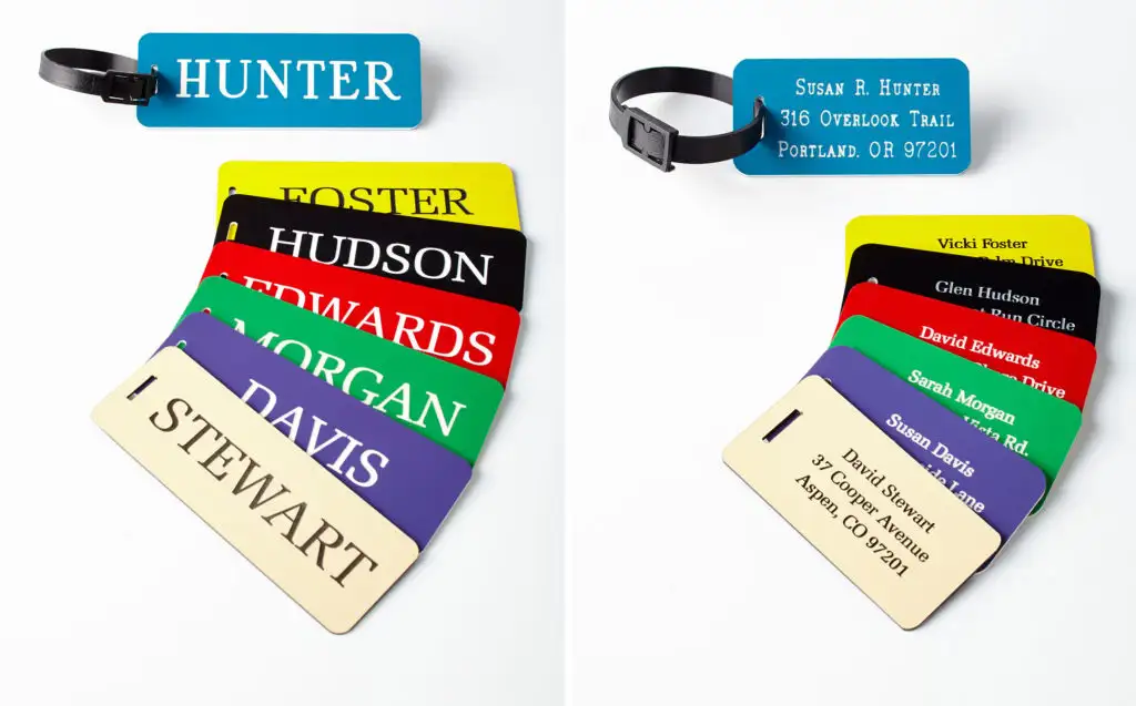 Multicolor luggage tags featuring traveler names and addresses