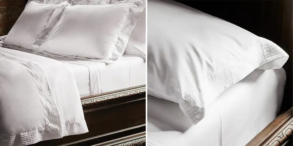 Bed made up with Mascioni sheets (left) and close up of pillow on bed (right)