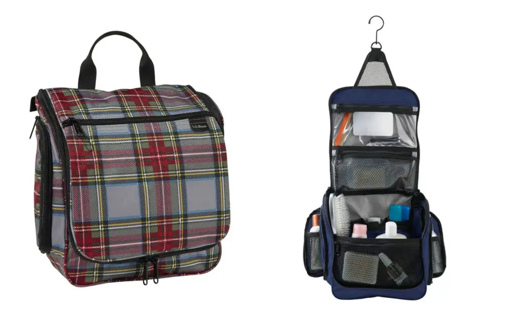 Plaid Toiletry Bag (left) and open toiletry bag filled with travel sized toiletries (right)
