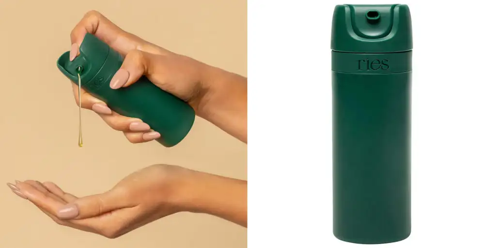 Person squirting makeup product from the Reis The Essential Refillable Travel Container (left) and standalone image of the Reis The Essential Refillable Travel Container (right)