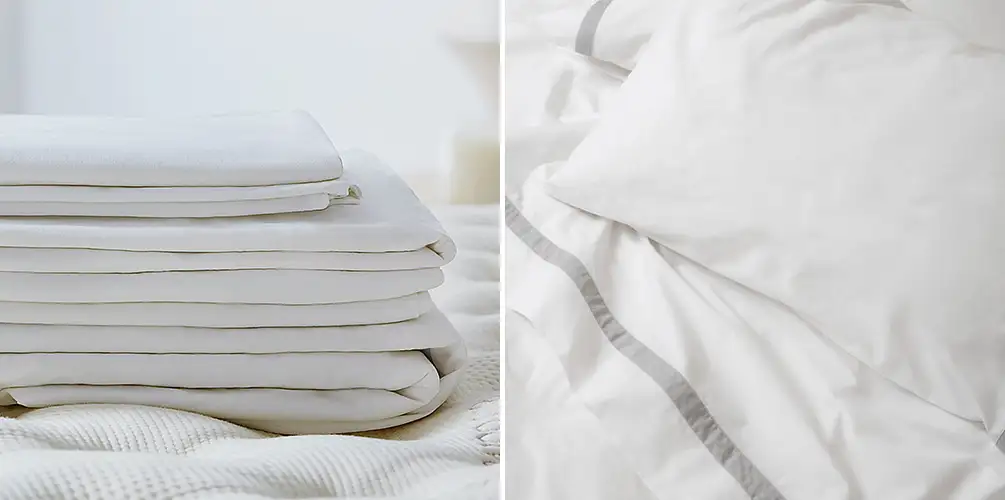 Stack of Saatva sheets on a bare mattress (left) and close up of bed made up with Saatva sheets (right)