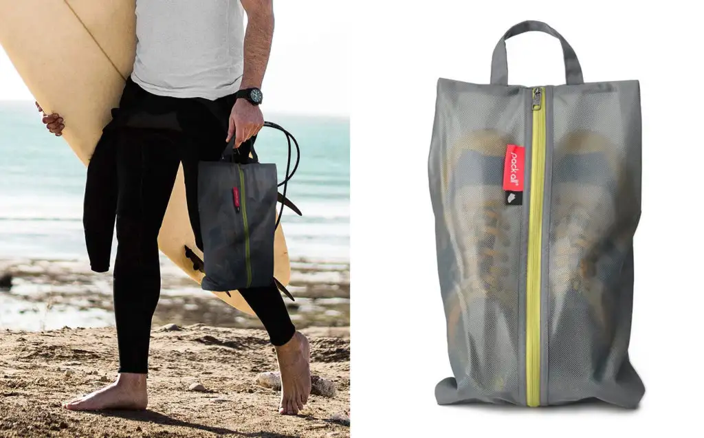 Surfer carrying shoes in a mesh shoe bag (left) and close up of shoes in a mesh shoe bag (right)