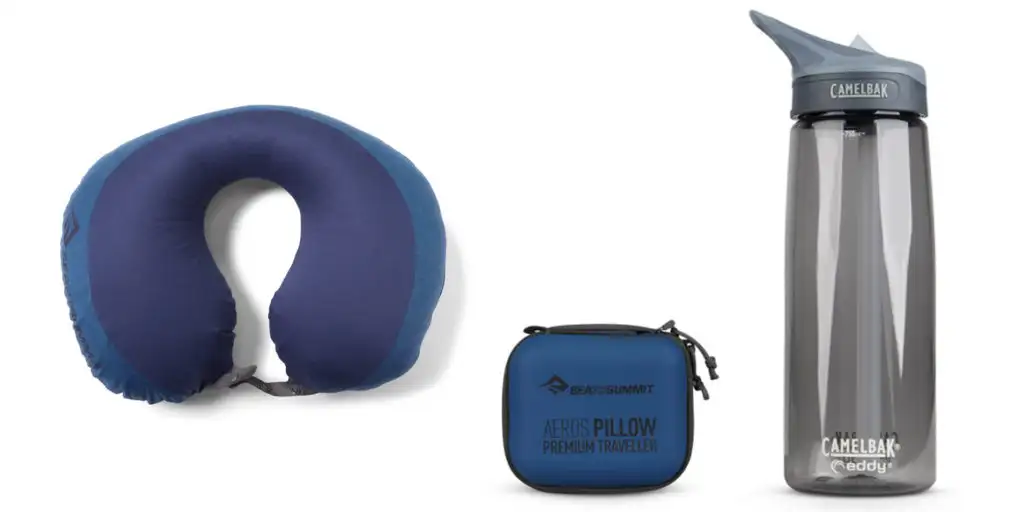 Inflated Travel Pillow (left) and deflated travel pillow in zippered pouch next to a water bottle for scale (right)