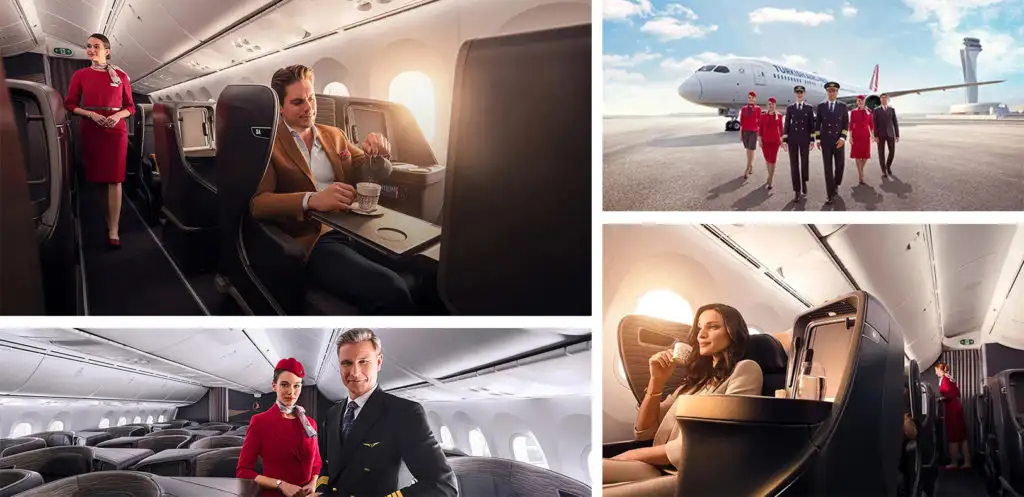 Various images of Turkish Airlines flight crew and passengers enjoying business class