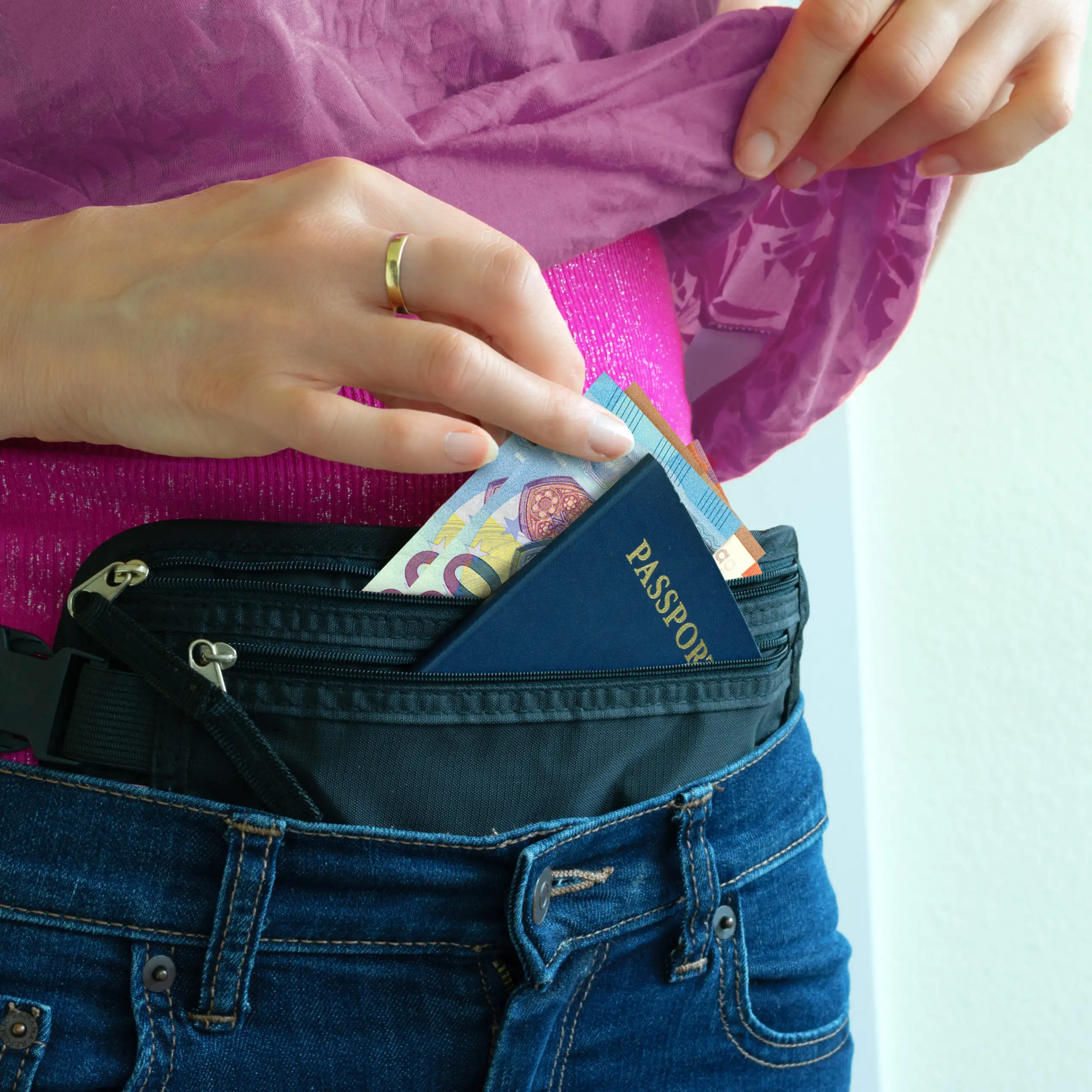 Close up of person putting money and passport in money belt
