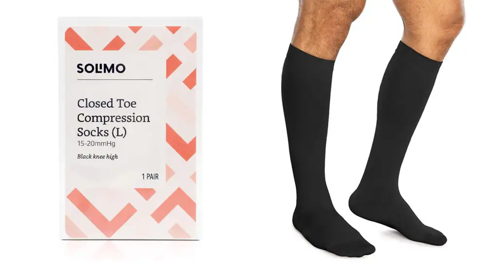 Package of Solimo Closed Toe Compression Socks and legs wearing Solimo Closed Toe Compression Socks