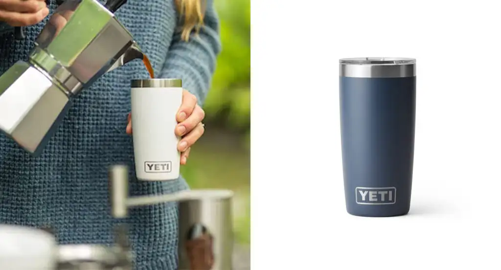 YETI Rambler 10 Oz Tumbler With Magslider Lid and woman pouring coffee from pot into Yeti mug