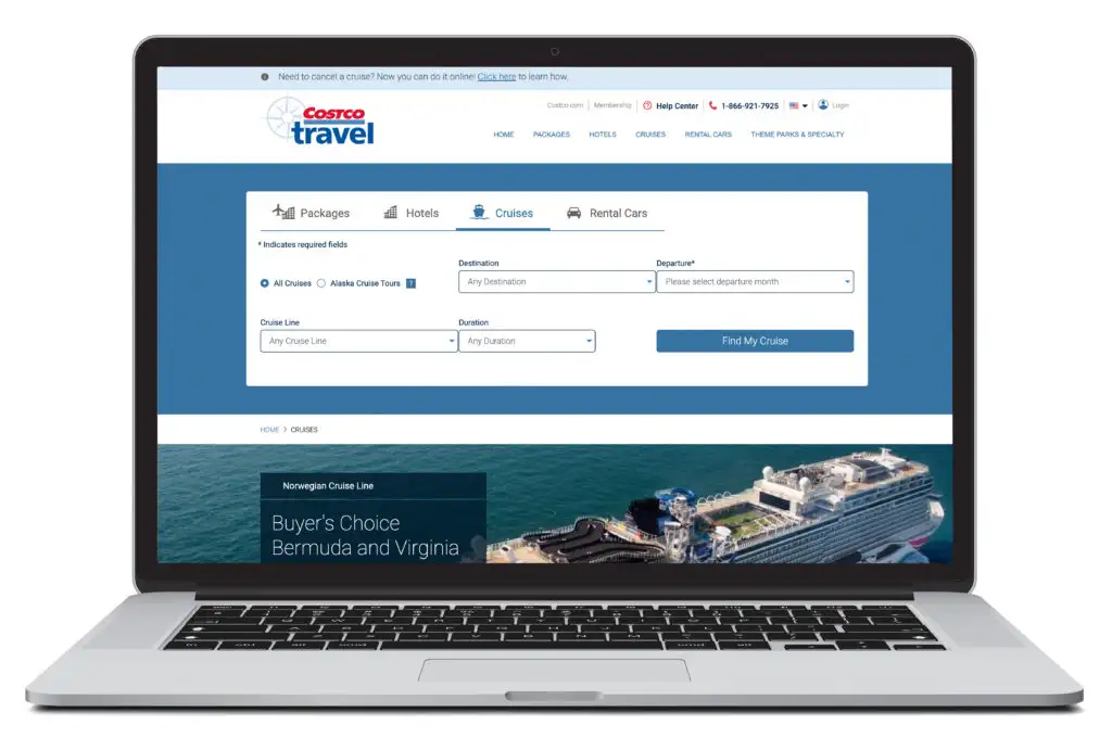 Laptop showing the cruise search homepage of Costco Travel