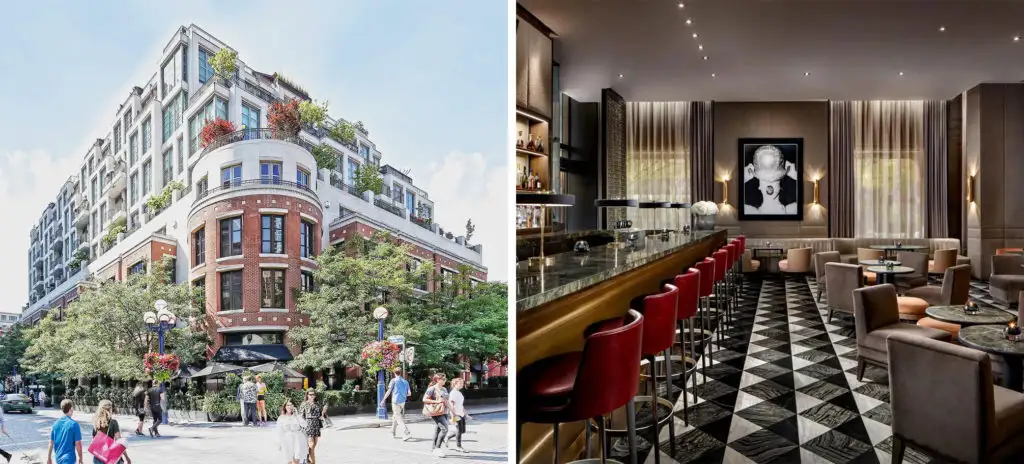 Exterior and interior images of the Hazelton Hotel in Toronto, Canada