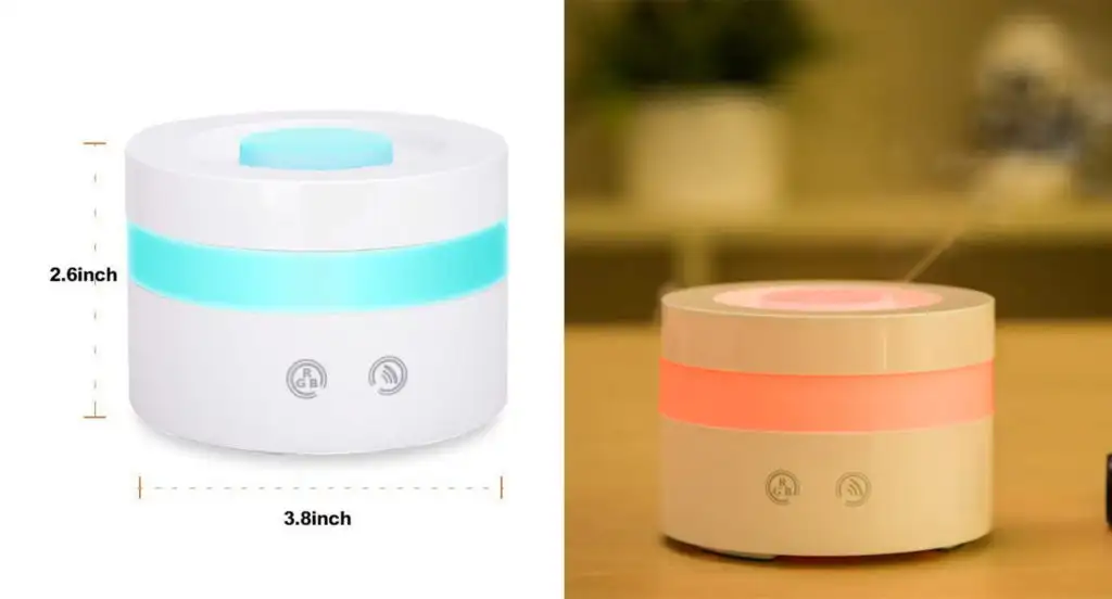 Breakdown of the dimensions of the A Packable Air Humidifier (left) and the A Packable Air Humidifier light up and diffusing in a dim room (right)