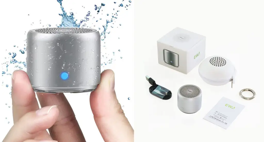 Fingers holding a EWA Travel Mini Bluetooth Speaker as water is splashed on it (left) and the various components that come with the EWA Travel Mini Bluetooth Speaker (right)