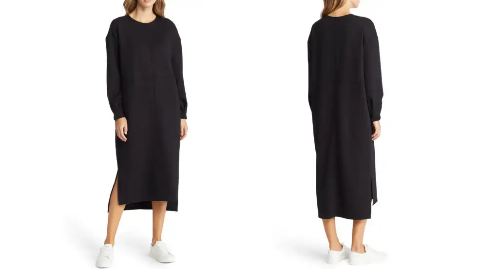 Model showing the front and back views of Nordstrom Long Sleeve Shift Sweatshirt Dress