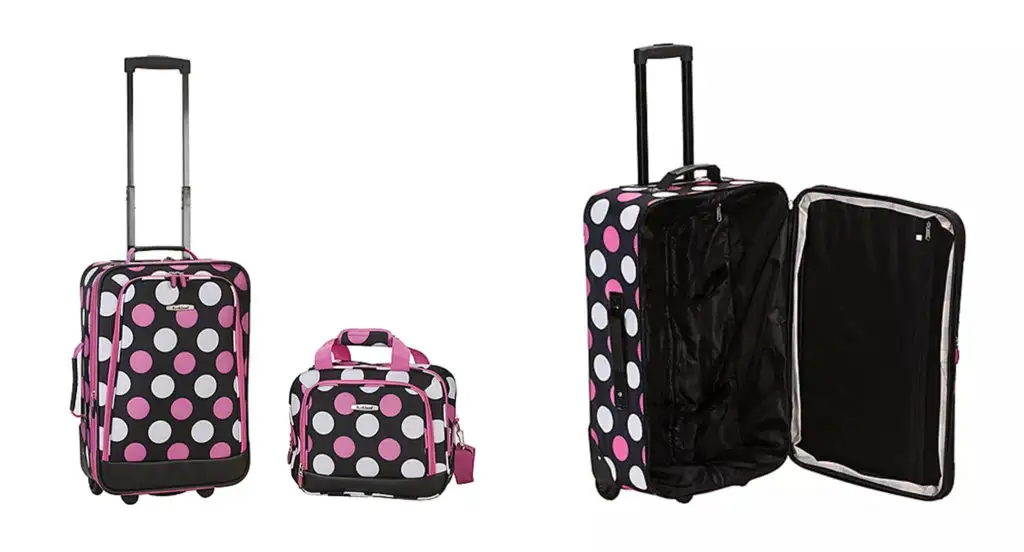Two views of the pink and white spotted Rockland Rio Carry-On
