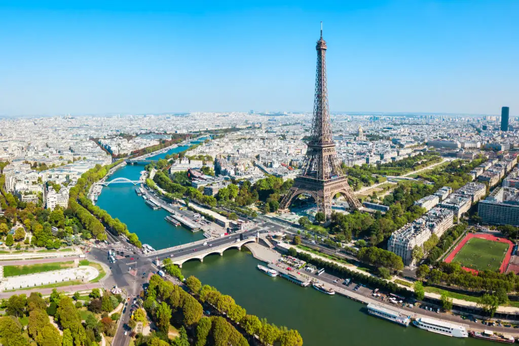 Aerial view of Paris, France with the Eiffel Tower in the middle