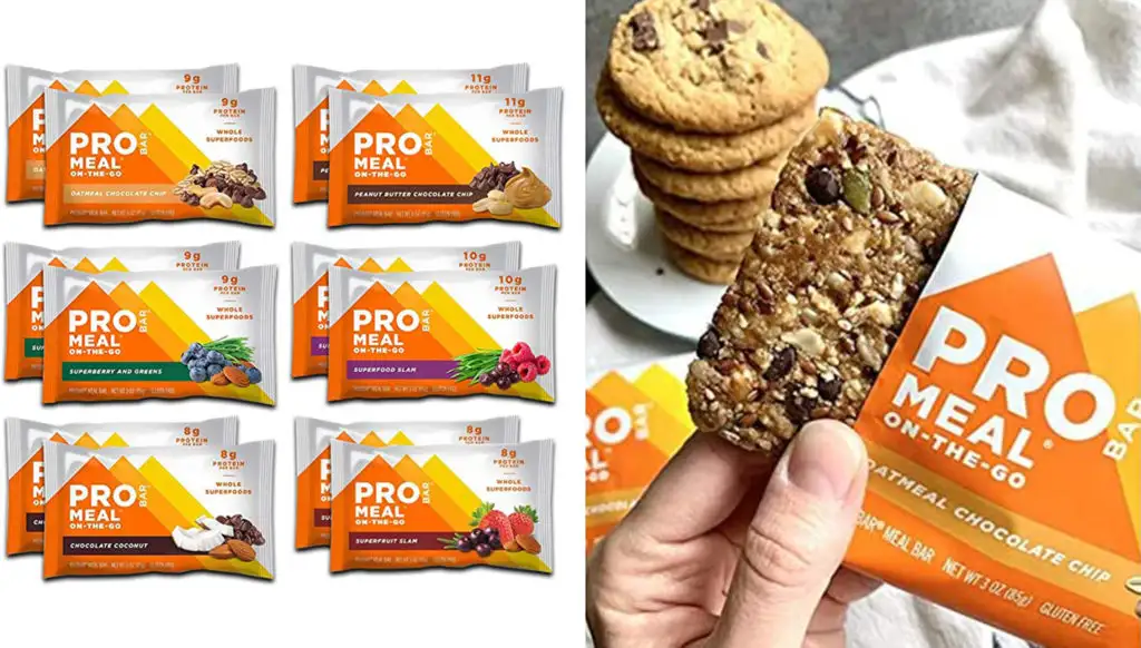 Six flavors of ProBar Meal Bar (left) and a close up of a person holding an unwrapped ProBar Meal Bar (right)