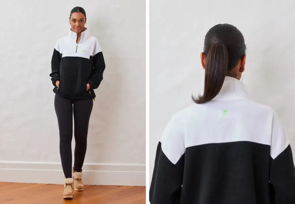 Woman showing two views of the Dudley Stephens Whistle Pullover in Vello Fleece in black and white