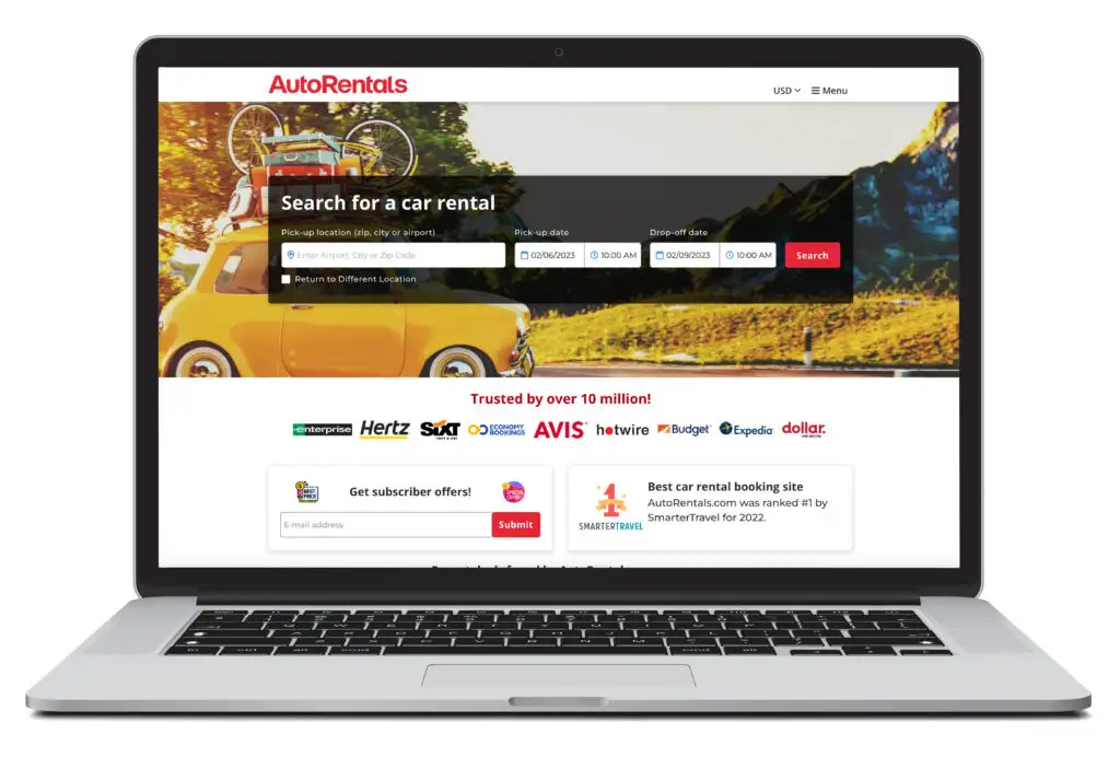Illustration of laptop showing the car rental homepage of AutoRentals