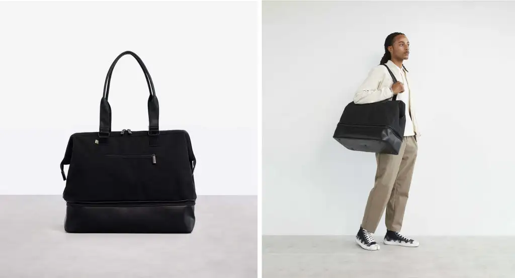 The Beis The Convertible Weekender in black (left) and man holding the Beis The Convertible Weekender in a gray room (right)
