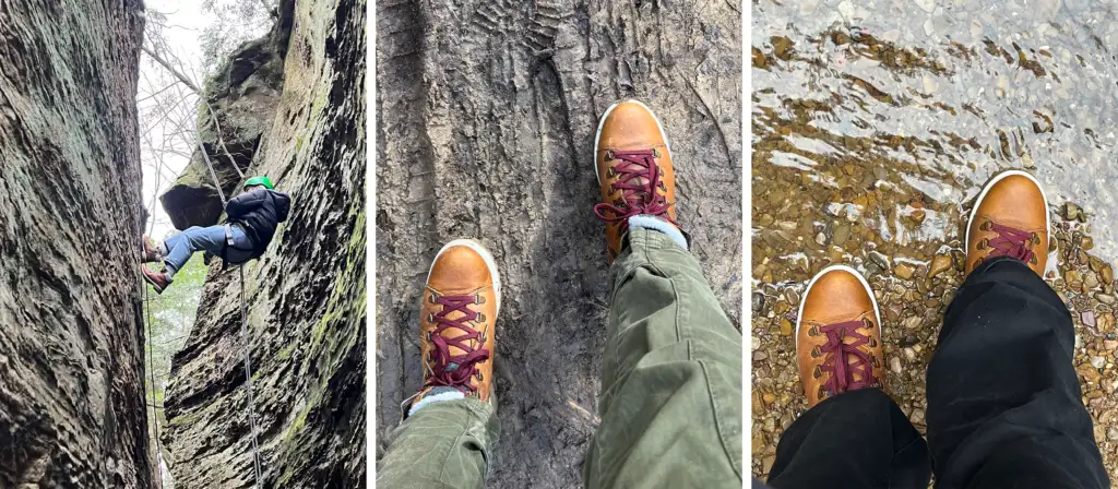 Three images from left to right: a person rappelling down a cliff, a top down shot of the Kamik Rogue Hike 3 boots in mud, and a top down shot of the Kamik Rogue Hike 3 boots in water 