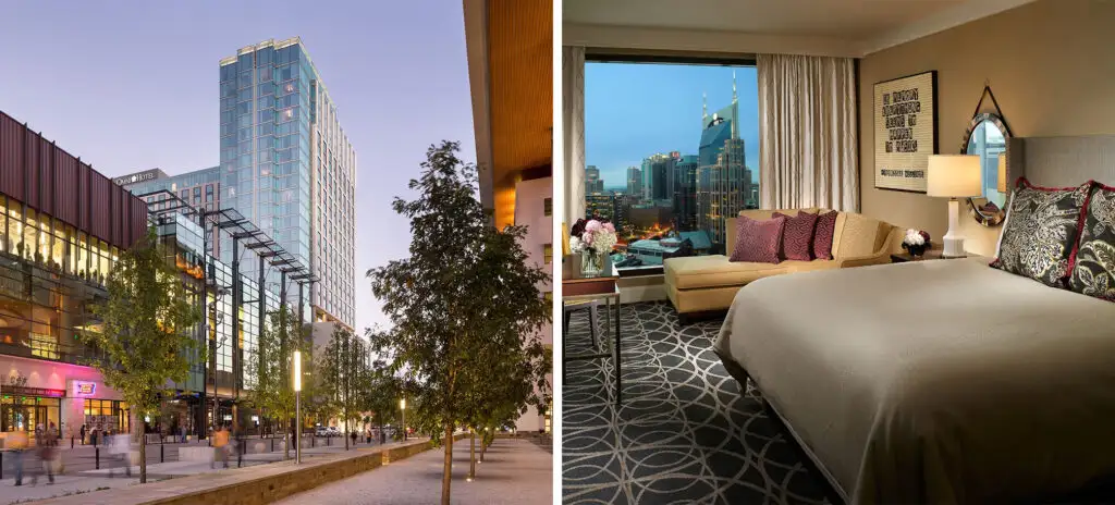 Exterior of Omni Nashville hotels (left) and interior guestroom (right)