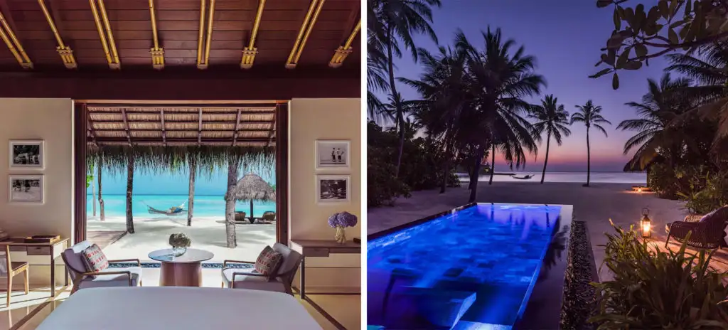 View onto patio from room at One & Only Reethi Rah, Reethi Rah and the rool at One & Only Reethi Rah, Reethi Rah overlooking the ocean at night