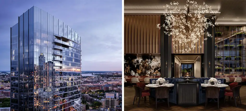 Renderings of the interior and exterior of the anticipated Raffles Boston Back Bay Hotel & Residences, Boston, Massachusetts