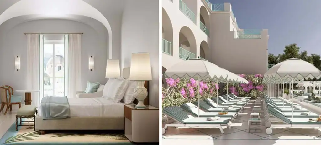 Bedroom at Hotel La Palma, Capri, Italy (left) and outdoor sitting area by pool at Hotel La Palma, Capri, Italy (right)