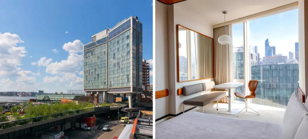 Exterior of the The Standard High Line (left) and interior of a guestroom at The Standard High Line in New York City (right)