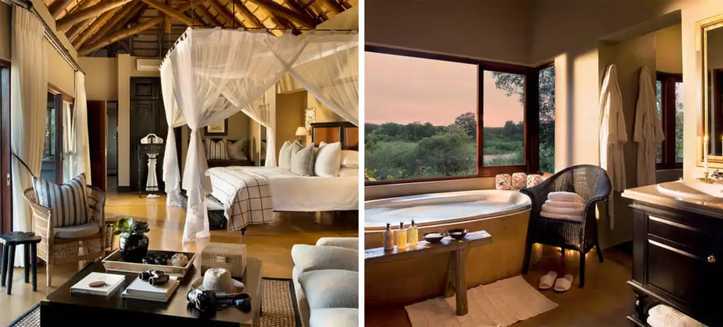 Guest room and attached bathroom at Lion Sands Tinga Lodge, Kruger National Park in South Africa