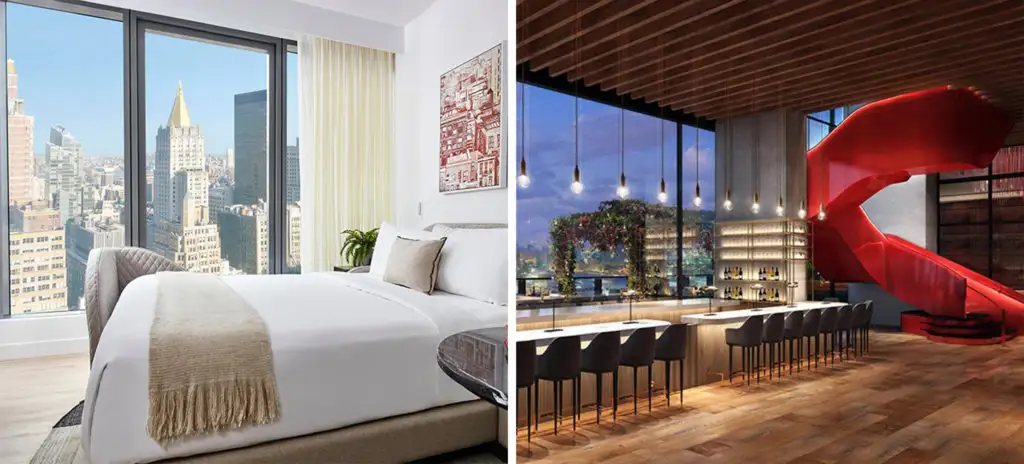 Bedroom with views of the city at Virgin Hotels New York City, New York City, New York (left) and interior bar area at Virgin Hotels New York City, New York City, New York (right)