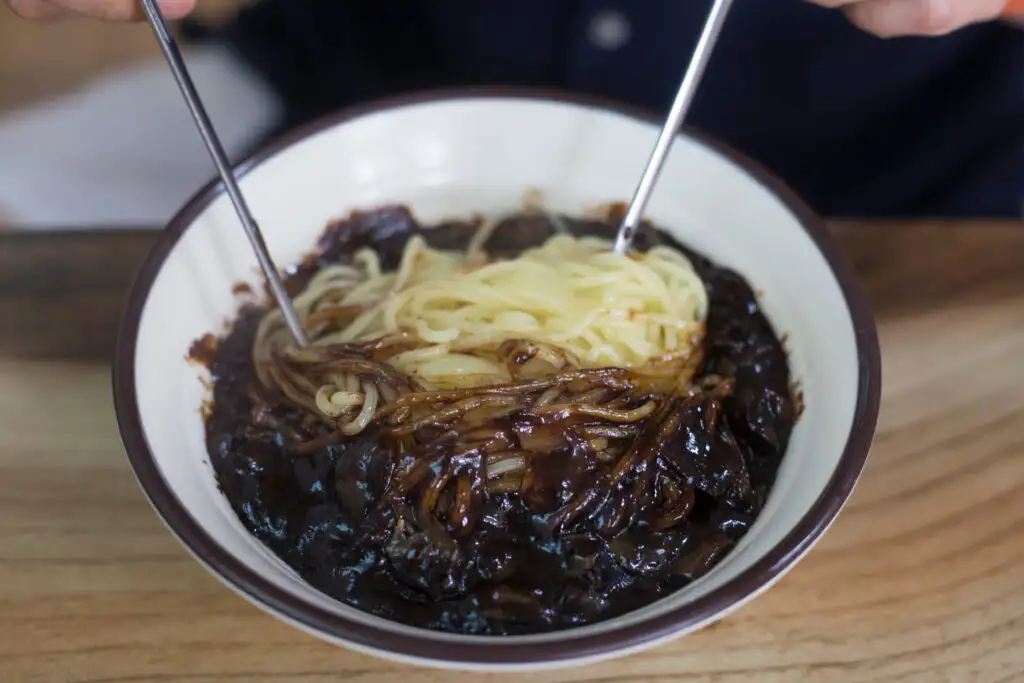 jjajang myeon Korean black bean noodles in a bowl