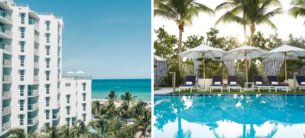 Exterior of Cadillac Hotel & Beach Club overlooking ocean (left) and pool and lounge chairs surrounded by palm trees (right)