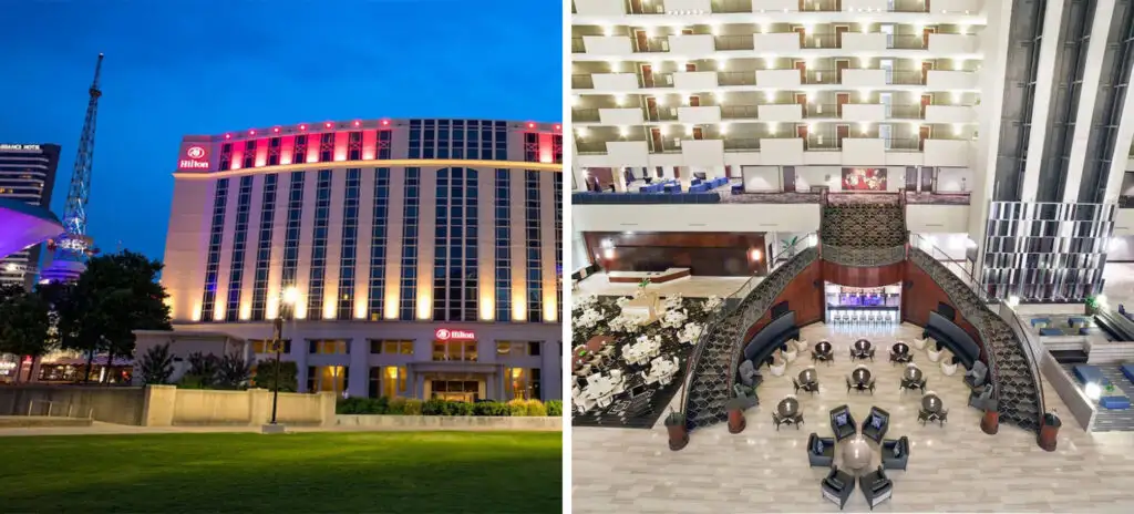 Exterior view of the Hilton Downtown Nashville (left) and aerial view of the lobby (right)
