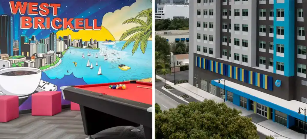Mural in game room at Tru By Hilton Miami West Bricknell (left) and front exterior of Tru By Hilton Miami West Bricknell (right)