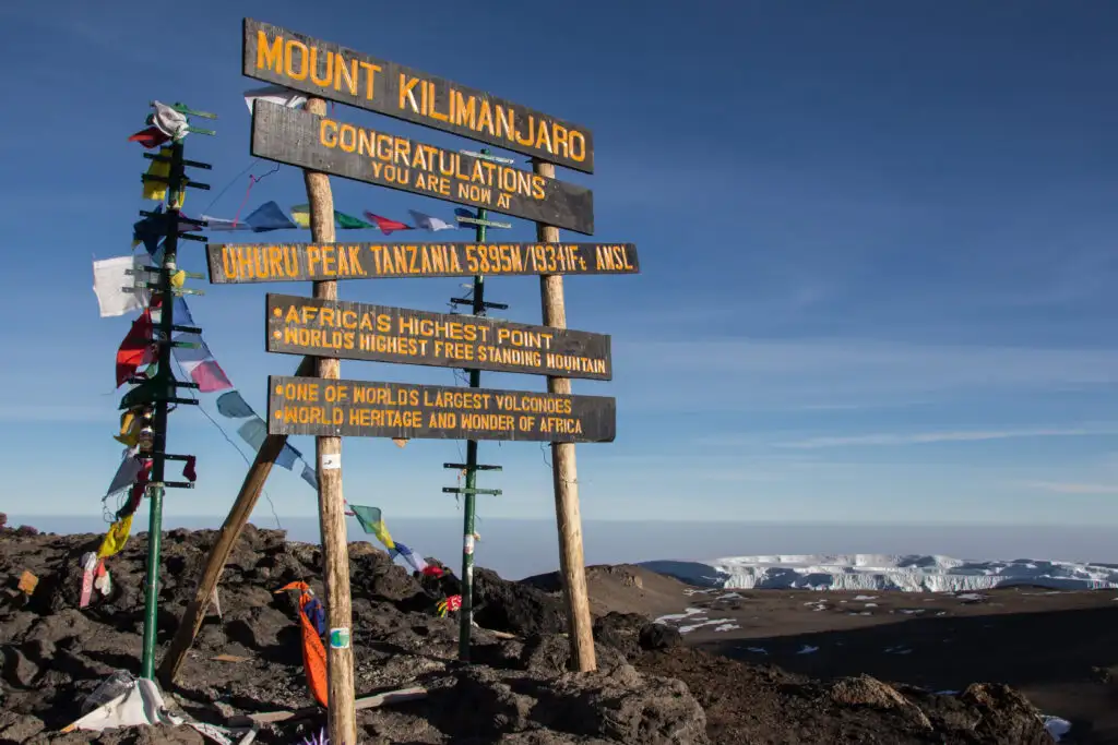 Sign at the top of Mount Kilimanjaro congratulating hikers for reaching the summit