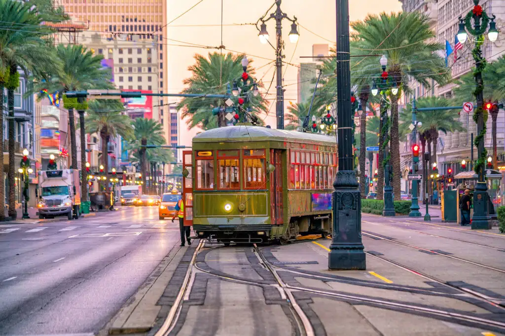 Streetcar on street in downtown New Orleans, Louisiana, United States